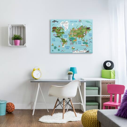 Stupell Industries Kid's Animal World Map Favorite Regional Wildlife Canvas Wall Art